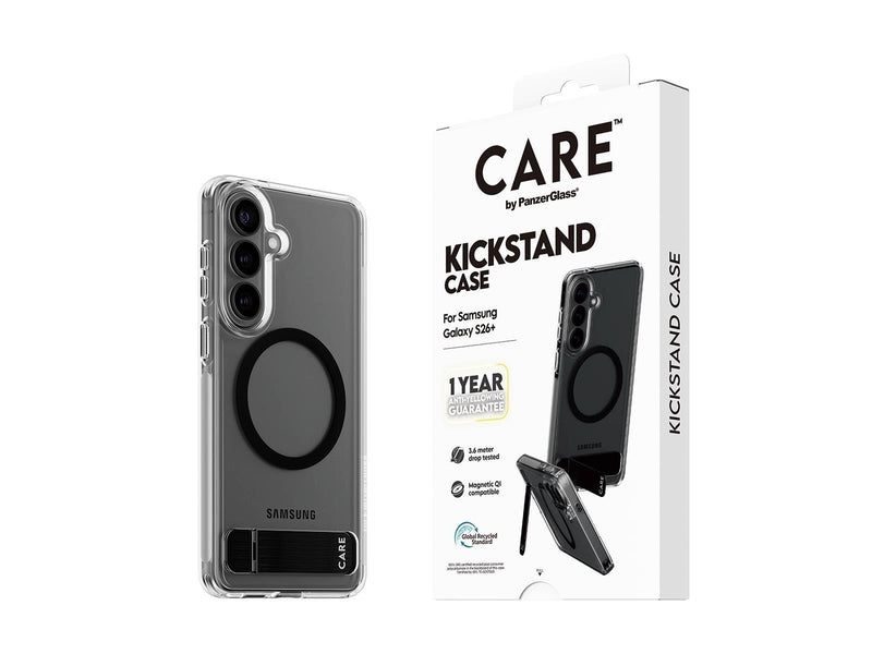 CARE by PanzerGlass Urban Explorer Case Transparent w. Black Kickstand & Qi Samsung Galaxy S26+