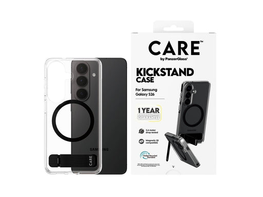 CARE by PanzerGlass Urban Explorer Case Transparent w. Black Kickstand & Qi Samsung Galaxy S26