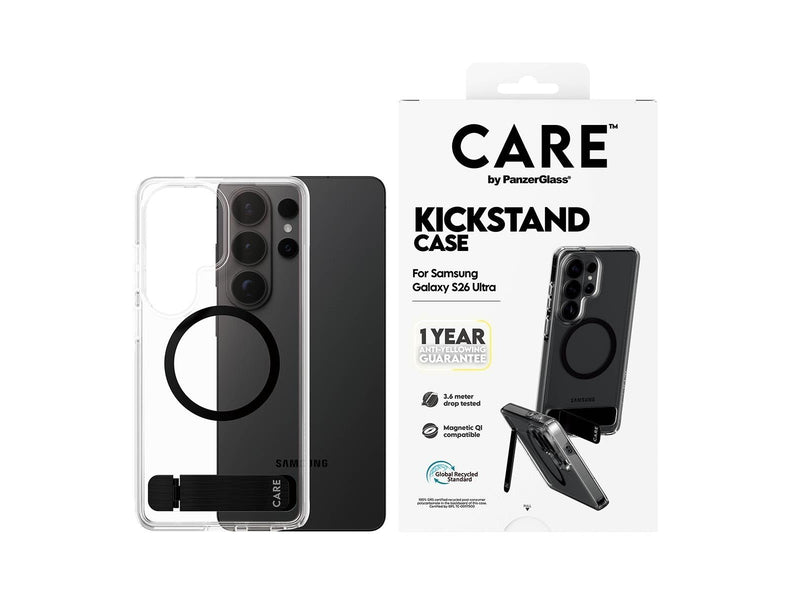 CARE by PanzerGlass Urban Explorer Case Transparent w. Black Kickstand & Qi Samsung Galaxy S26 Ultra