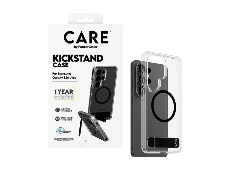 CARE by PanzerGlass Urban Explorer Case Transparent w. Black Kickstand & Qi Samsung Galaxy S26 Ultra