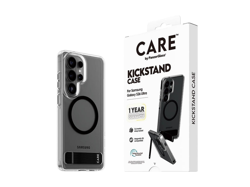 CARE by PanzerGlass Urban Explorer Case Transparent w. Black Kickstand & Qi Samsung Galaxy S26 Ultra