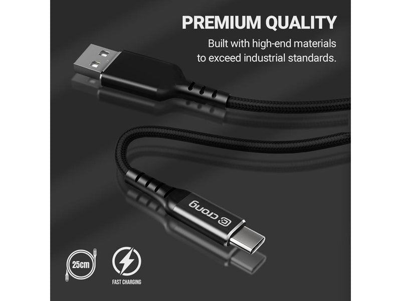 CRONG Armor Link - 60W PD 3A USB-A to USB-C Cable 25cm - Black