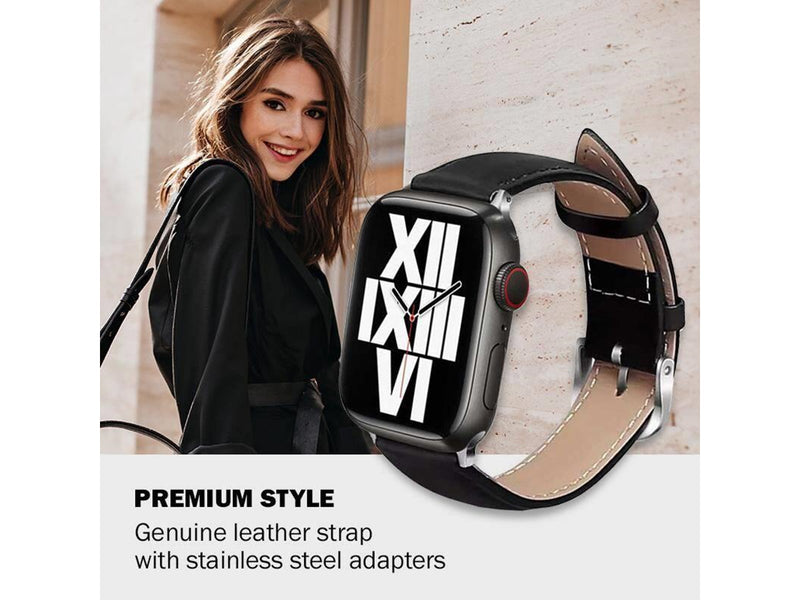 CRONG Noble Band - Genuine Leather Strap for Apple Watch 44/45/46/49 mm (Black Noir)