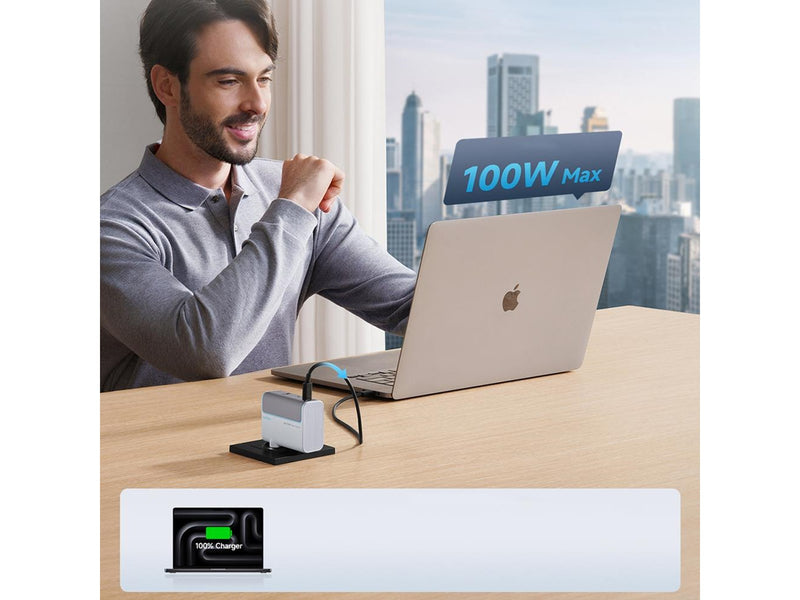 CUKTECH AD1003EU 100W GaN 2x USB-C + USB-A Wall Charger with Cable - White