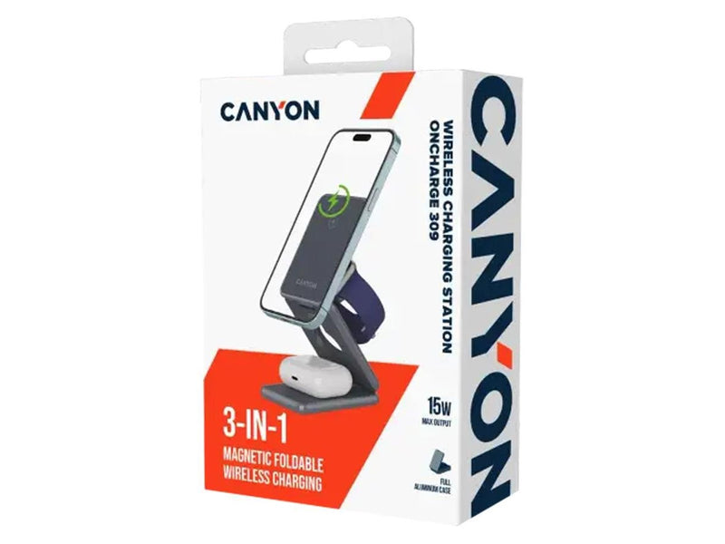 Canyon 3-in-1 Faltbares kabelloses Ladegerät 15W, Dunkelgrau