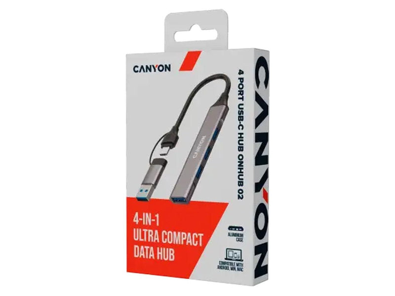 Canyon DS-02 4-in-1 USB-A/C Hub, Grau USB-Hubs - USB 3.0 - 4 - Grau