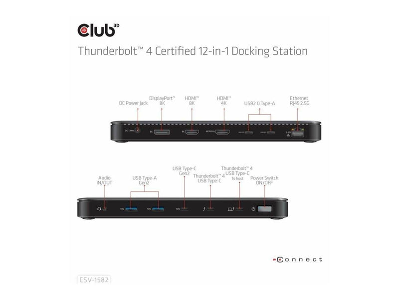 Club 3D 12-in-1 - docking station - USB-C / USB4 / Thunderbolt 3 / Thunderbolt 4 - 2 x HDMI DP Thunderbolt 4 - 2.5GbE
