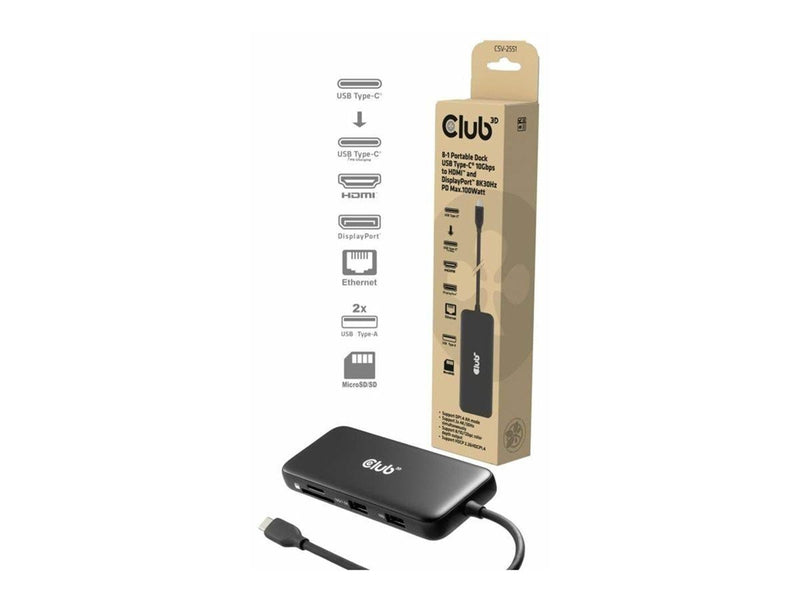 Club 3D 8-in-1 - docking station - USB-C - HDMI DP - 1GbE