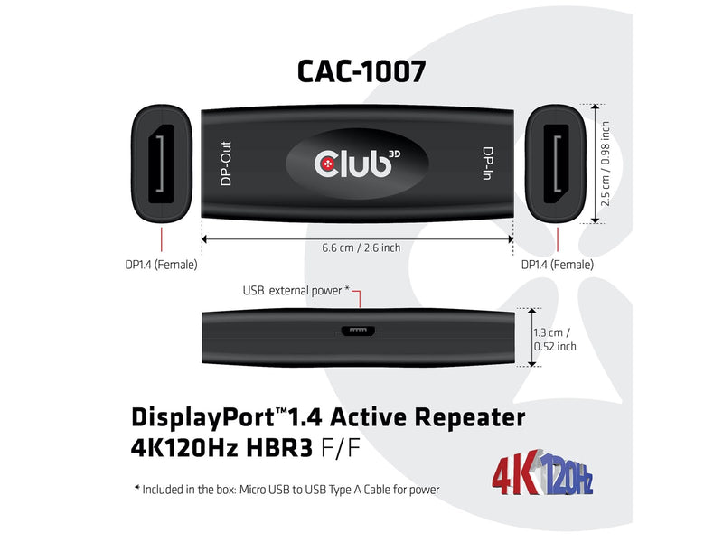 Club 3D CAC-1007 DisplayPort 1.4 Active Repeater 4K 120Hz HBR3 F/F