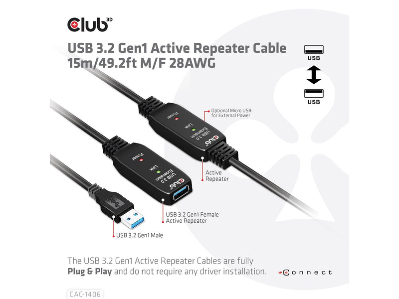 Club 3D CAC-1406 USB 3.2 Gen1 Active Repeater Cable 15m/ 49.2 ft M/F 28AWG