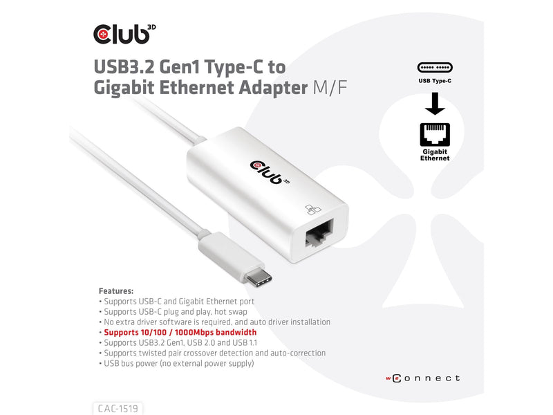 Club 3D CAC-1519 - network adapter - USB-C 3.2 Gen 1 - Gigabit Ethernet