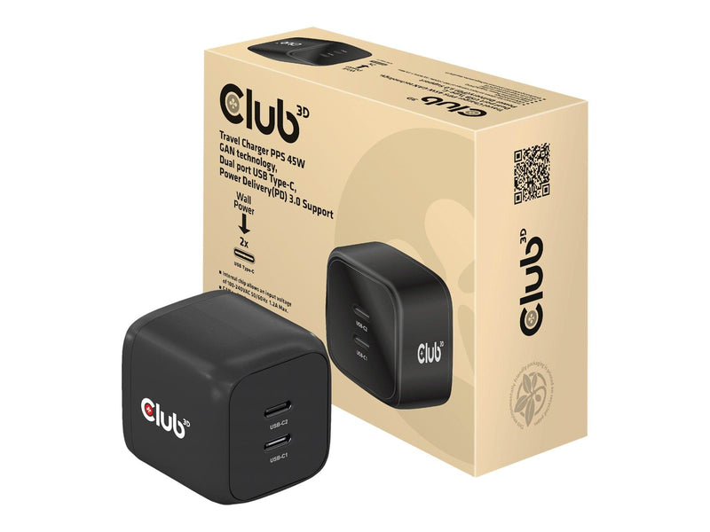 Club 3D CAC-1909 power adapter - PPS and GaN technology - 2 x USB-C - 45 Watt