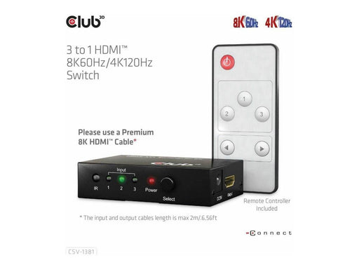 Club 3D CSV-1381 - video/audio switch - 3-to-1 8K 60 Hz/4K 120 Hz - 4 ports