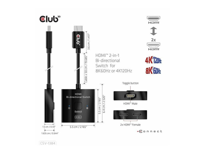 Club 3D CSV-1384 - video/audio switch - 2-in-1 bi-directional - 2 ports