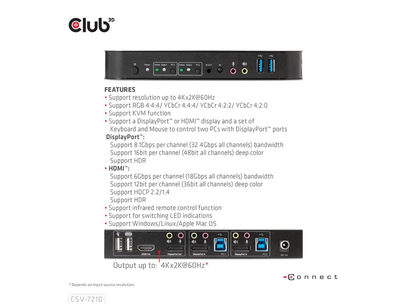 Club 3D CSV-7210 DisplayPort/HDMI KVM Switch for Dual DisplayPort 4K60Hz