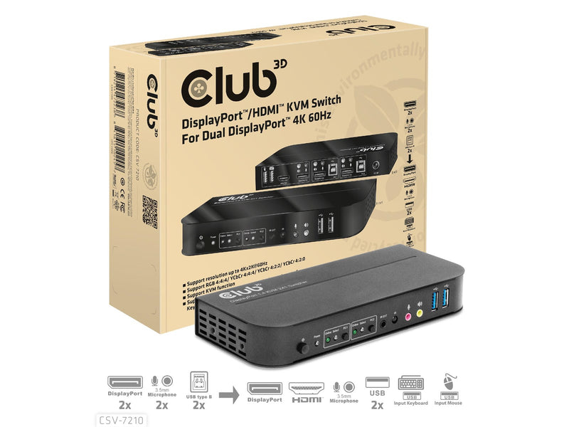 Club 3D CSV-7210 DisplayPort/HDMI KVM Switch for Dual DisplayPort 4K60Hz