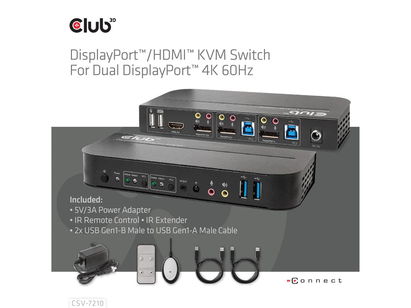 Club 3D CSV-7210 DisplayPort/HDMI KVM Switch for Dual DisplayPort 4K60Hz