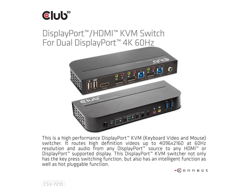 Club 3D CSV-7210 DisplayPort/HDMI KVM Switch for Dual DisplayPort 4K60Hz