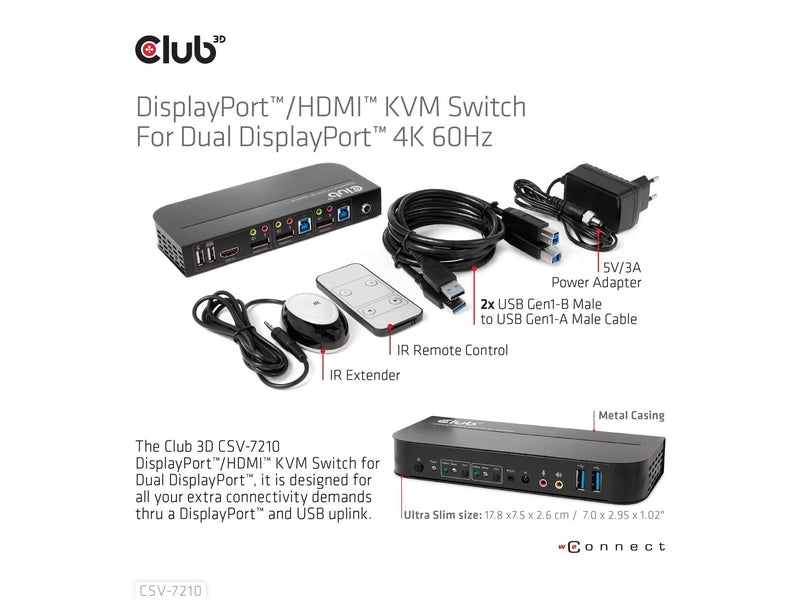 Club 3D CSV-7210 DisplayPort/HDMI KVM Switch for Dual DisplayPort 4K60Hz