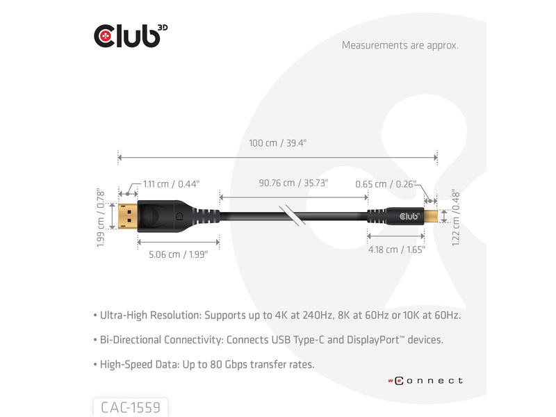 Club 3D - video adapter cable - 24 pin USB-C to DisplayPort - 1 m