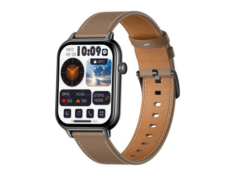 Colmi C28 Smartwatch with Black and Brown Leather Strap
