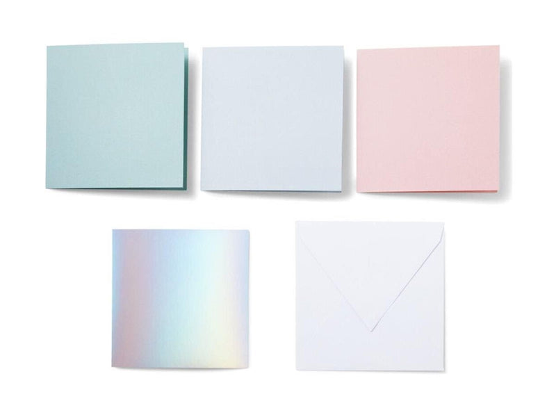 Cricut Pastel Sampler - cutaway card set - white powder blue tulip whispering blue silver matte holographic