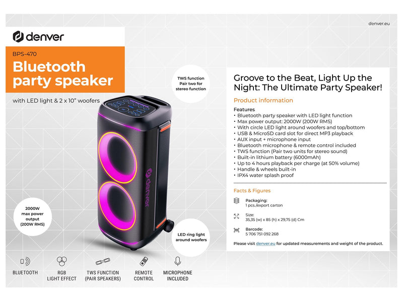 DENVER BPS-470 - Bluetooth Party Speaker with LED light & 2 x 10" woofers -  Black *DEMO*