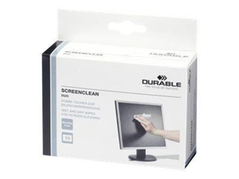 DURABLE 10 einzeln verpackte Feucht- und Trockentücher für die streifenfreie Reinigung von Bildschirmen und Displays.