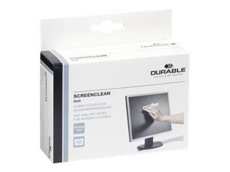 DURABLE 10 einzeln verpackte Feucht- und Trockentücher für die streifenfreie Reinigung von Bildschirmen und Displays.