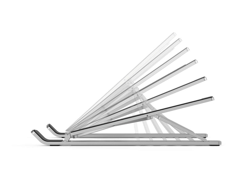 DURABLE Kompakter Tischständer für Laptops und Tablets bis 15″. Platzsparend zusammenfaltbar und mit 6-stufiger Höhenverstellung.