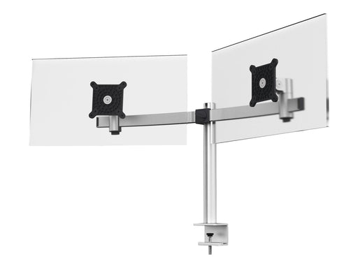 DURABLE Monitor-Doppelhalterung mit verstellbarer Höhe, Drehung und Neigung. Befestigung mit Tischklemme.