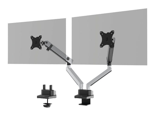 DURABLE Tischhalterung mit zwei flexiblen Monitorarmen. Individuelle Einstellung von Höhe, Neigung und Ausrichtung des Bildschirms.