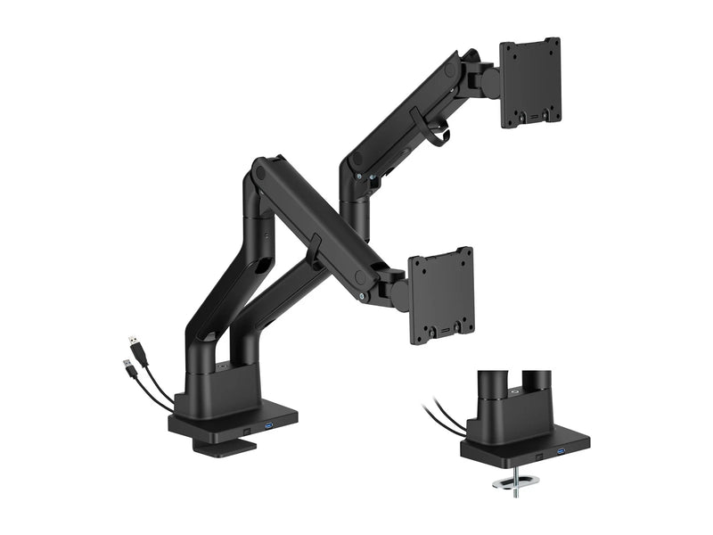 DUTZO Monitorarm für 2 Monitore (27" - 45") - Heavy Duty Deluxe mit USB A- und C-Anschlüssen - Schwarz