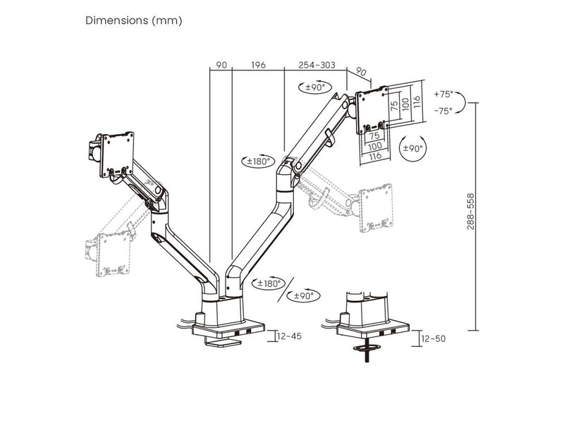 DUTZO Monitorarm für 2 Monitore (27" - 45") - Heavy Duty Deluxe mit USB A- und C-Anschlüssen - Schwarz
