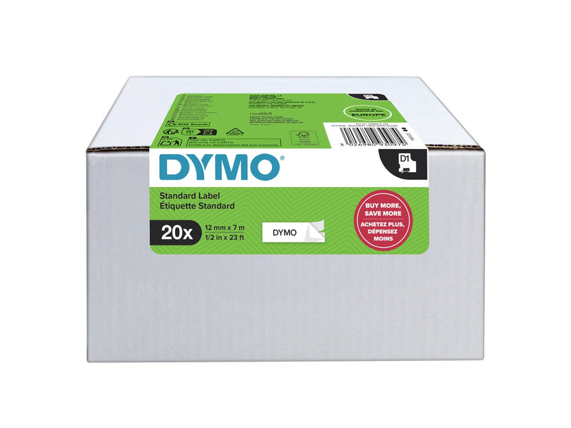DYMO Authentic D1 Labels | Black Print on White | 12mm x 7m | Self-Adhesive Labels for LabelManager Label Printers | 20 Count