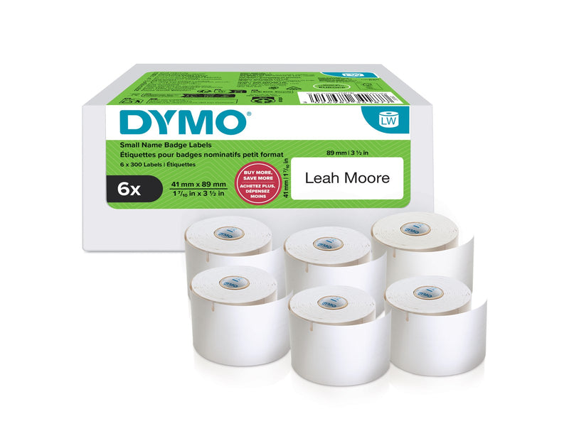 DYMO Authentic LabelWriter Small Name Badge Labels | 41 mm x 89 mm | Self-Adhesive | 6 Rolls of 300 Easy-Peel Labels (1.800 Count) | for LabelWriter Label Makers | Made in Europe