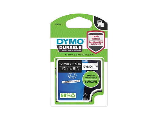 DYMO D1 Hochleistungs-Etikettenband | schwarz auf weiß | 12 mm x 5,5 m