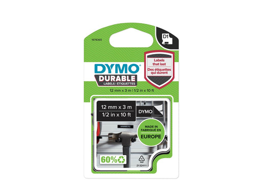 DYMO D1 Hochleistungs-Etikettenband | weiß auf schwarz | 12 mm x 3 m