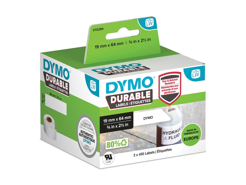 DYMO LabelWiter Hochleistungs-Etiketten | 19 mm x 64 mm | weißes Kunststoff-Etikett | Rolle mit 900 Etiketten