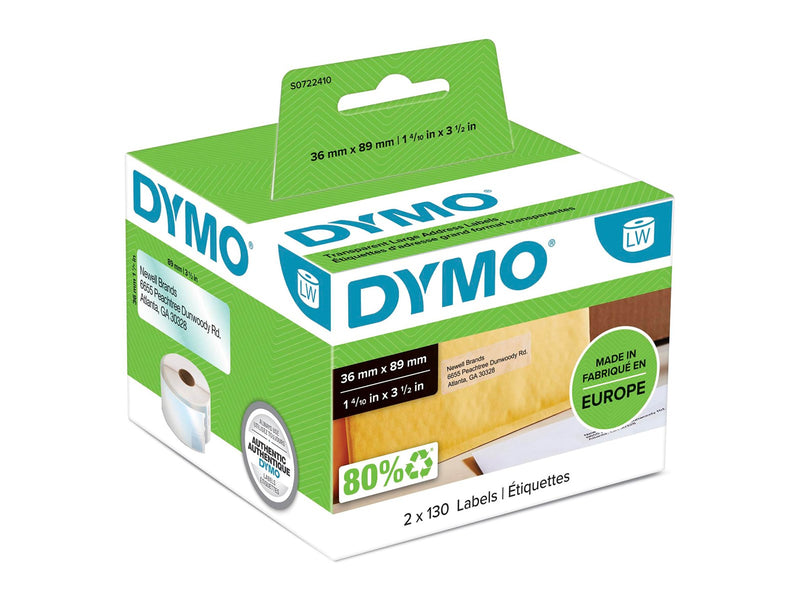 DYMO LabelWriter Adressetiketten | 36 mm x 89 mm | schwarz auf transparent | 2 Rollen mit je 130 leicht ablösbaren Etiketten (260 Etiketten)