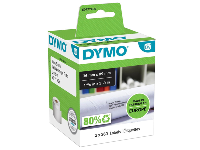 DYMO LabelWriter Adressetiketten (Groß) | 36 mm x 89 mm | schwarzer Druck auf weißem Untergrund | 2 Rollen mit je 260 Etiketten (520 Stück) | selbstklebend