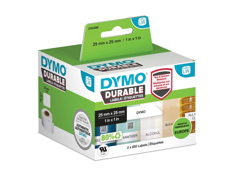 DYMO LabelWriter Hochleistungs-Etiketten | 25 mm x 25 mm | weißes Kunststoff-Etikett | Rolle mit 1.700 Etiketten