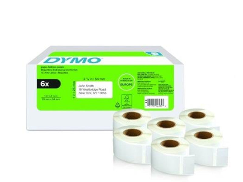 DYMO LabelWriter Rücksendeadressetiketten | 25 mm x 54 mm | 6 Rollen mit je 500 leicht ablösbaren Etiketten (3.000 Stück) | selbstklebend