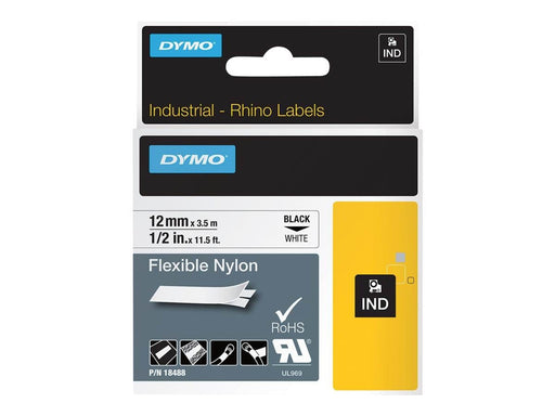 DYMO Rhino Industrie Nylonetiketten | flexibel | 12 mm x 3,5 m | schwarze Schrift auf weißem Untergrund