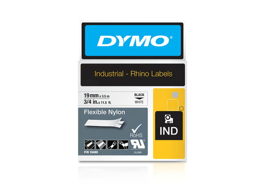 DYMO Rhino Industrie Nylonetiketten | flexibel | 19 mm x 3,5 m | schwarze Schrift auf weißem Untergrund