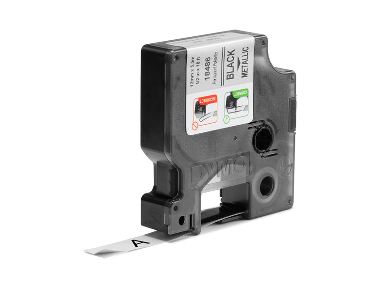 DYMO Rhino Industrie Permanente Polyesteretiketten | 12 mm x 5,5 m | Schwarz auf Metallic