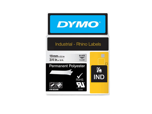 DYMO Rhino Industrie Permanente Polyesteretiketten | 19 mm x 5,5 m | Schwarz auf Transparent