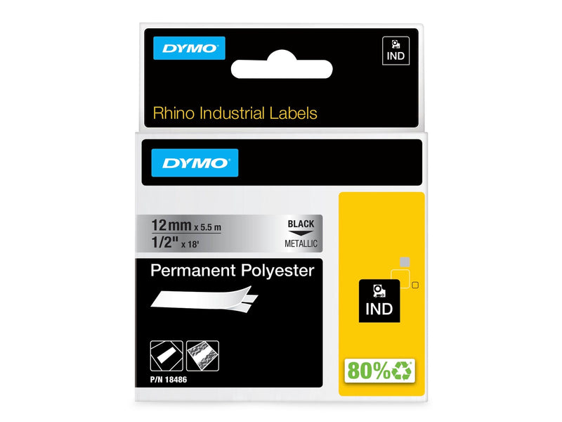 DYMO Rhino Industrie Permanente Polyesteretiketten | 6 mm x 5,5 m | Schwarz auf Metallic