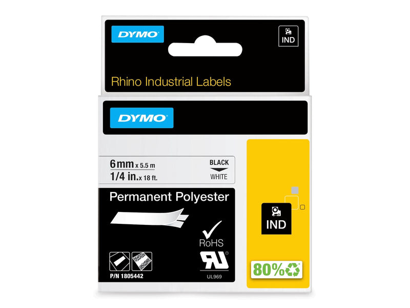 DYMO Rhino Industrie Permanente Polyesteretiketten | 6 mm x 5,5 m | Schwarz auf Weiß
