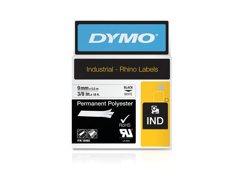DYMO Rhino Industrie Permanente Polyesteretiketten | 9 mm x 5,5 m | Schwarz auf Weiß